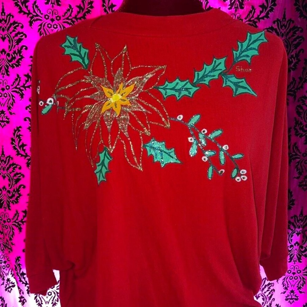 Christmas Sweater Vintage Ugly Tacky Party Poinsettia Puff Paint 1980s Red Xmas